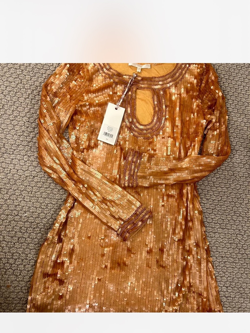 LoveShackFancy Gold Sequin Keyhole Long-Sleeve Mini Dress - Picture 2 of 3